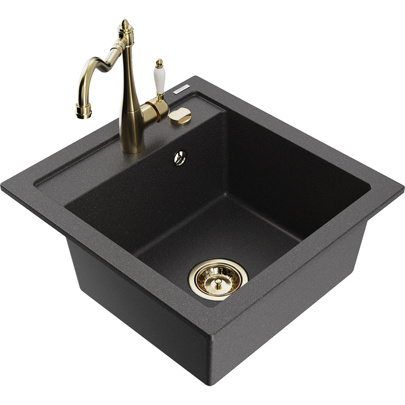 Mexen Vito 1-bowl granite sink with Carla kitchen tap, black speckled - 6503-76-670700-50