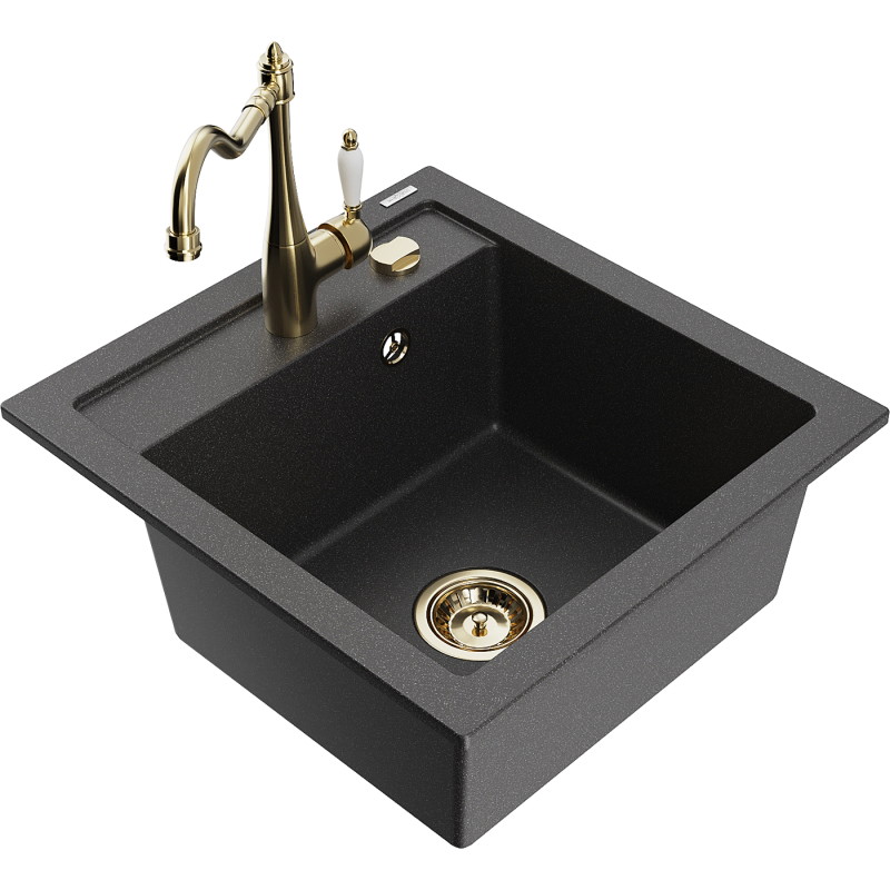 Mexen Vito granite kitchen sink 1-bowl with Carla kitchen faucet, black speckled - 6503-76-670700-50