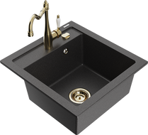 Mexen Vito granite kitchen sink 1-bowl with Carla kitchen faucet, black speckled - 6503-76-670700-50