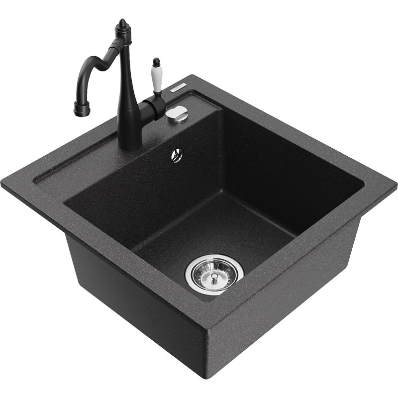Mexen Vito 1-bowl granite sink with kitchen faucet Carla, black speckled - 6503-76-670700-70