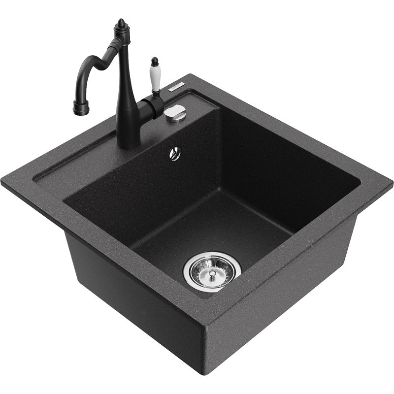 Mexen Vito granite single-bowl kitchen sink with Carla kitchen faucet, black speckled - 6503-76-670700-70