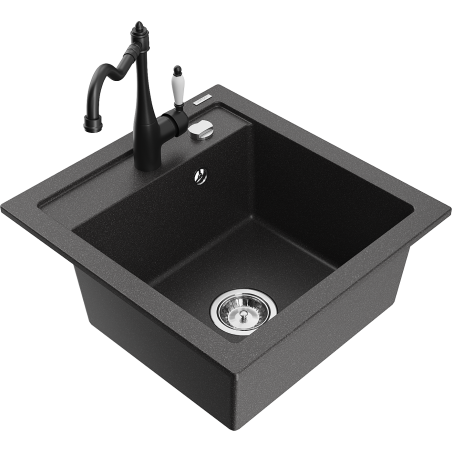 Mexen Vito granite single-bowl kitchen sink with Carla kitchen faucet, black speckled - 6503-76-670700-70