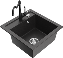 Mexen Vito granite kitchen sink 1-bowl with Carla kitchen tap, black speckled - 6503-76-670700-70
