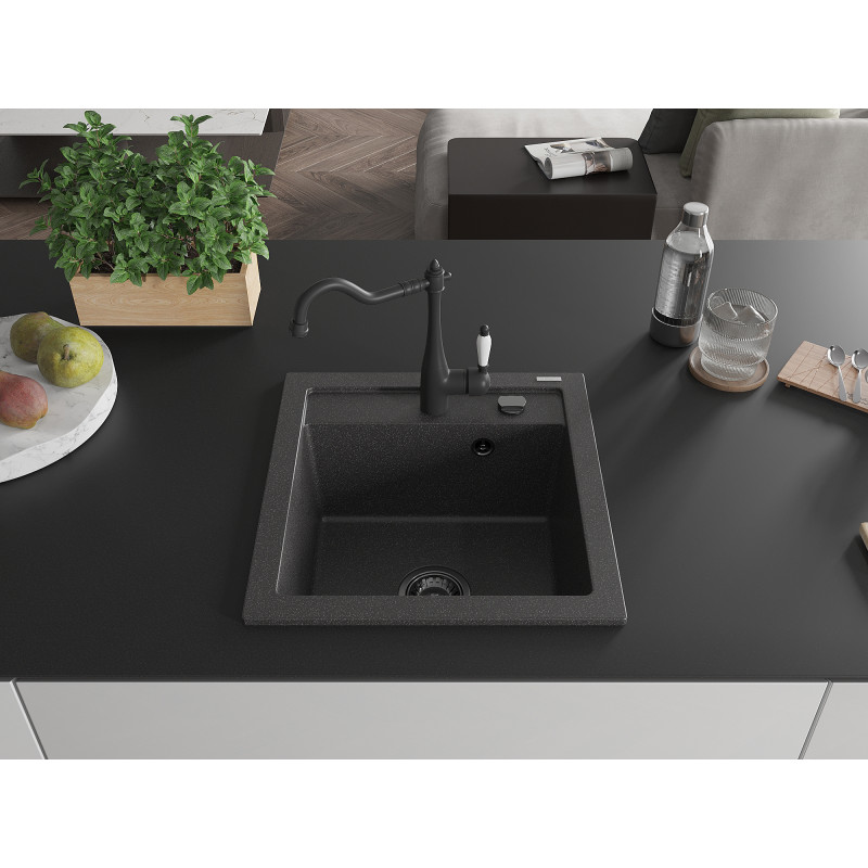 Mexen Vito granite kitchen sink 1-chamber with Carla kitchen faucet, black speckled - 6503-76-670700-70-B