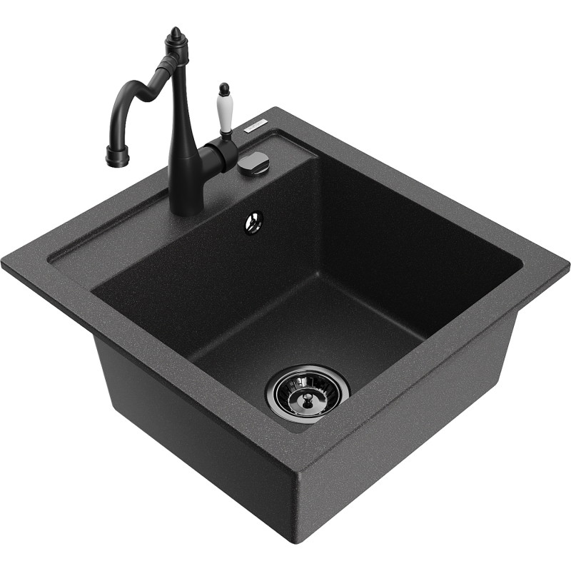 Mexen Vito granite kitchen sink 1-bowl with Carla kitchen faucet, speckled black - 6503-76-670700-70-B