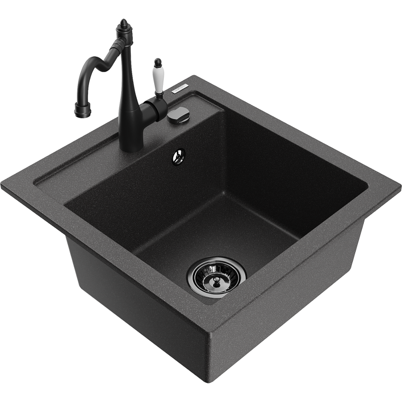 Mexen Vito granite kitchen sink 1-chamber with Carla kitchen faucet, black speckled - 6503-76-670700-70-B