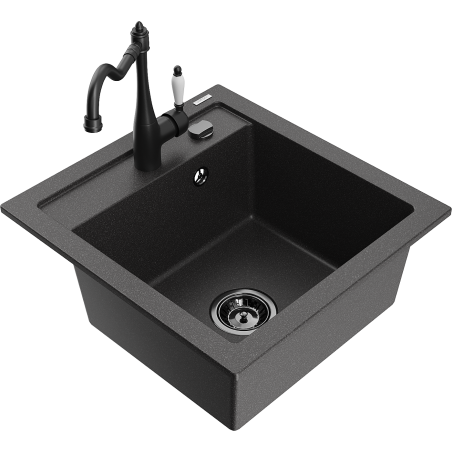 Mexen Vito granite kitchen sink 1-chamber with Carla kitchen faucet, black speckled - 6503-76-670700-70-B