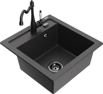 Mexen Vito granite kitchen sink 1-bowl with Carla kitchen faucet, speckled black - 6503-76-670700-70-B