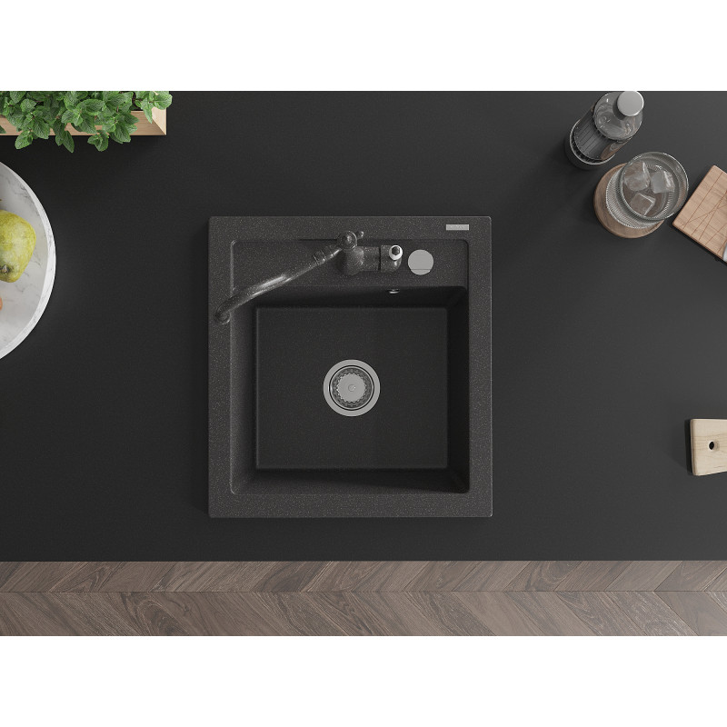 Mexen Vito 1-bowl granite sink with Carla kitchen faucet, black speckled - 6503-76-670700-76