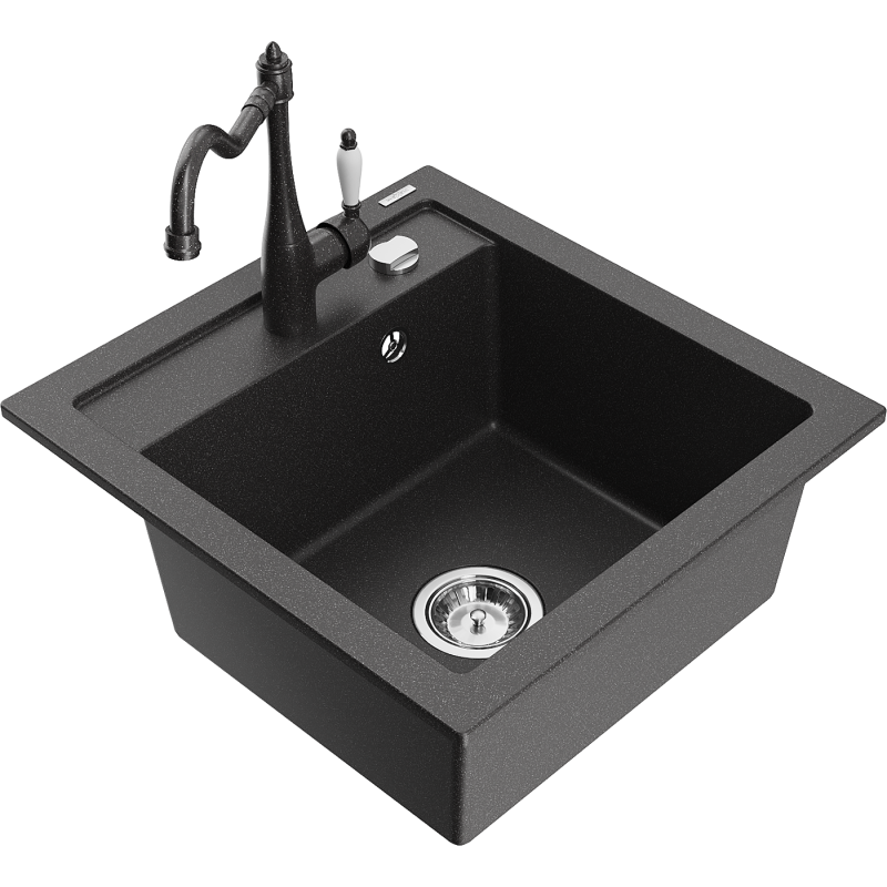 Mexen Vito 1-bowl granite sink with Carla kitchen faucet, black speckled - 6503-76-670700-76