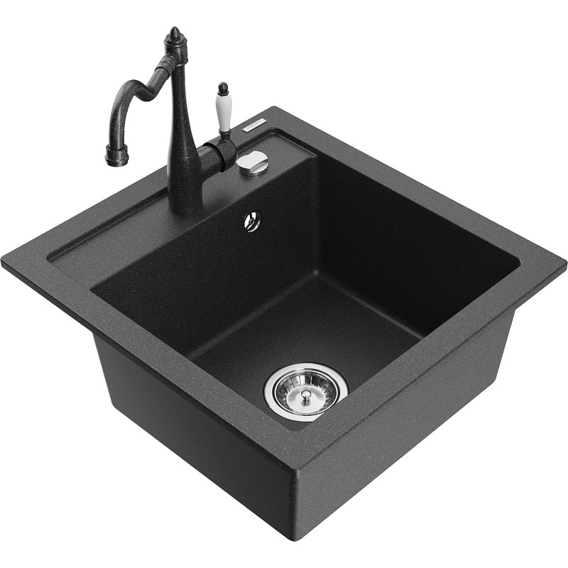 Mexen Vito granite kitchen sink single-bowl with Carla kitchen faucet, black speckled - 6503-76-670700-76