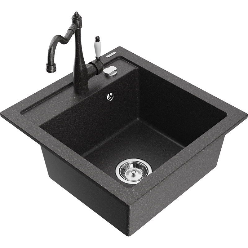 Mexen Vito granite sink 1-bowl with Carla kitchen tap, black speckled - 6503-76-670700-76