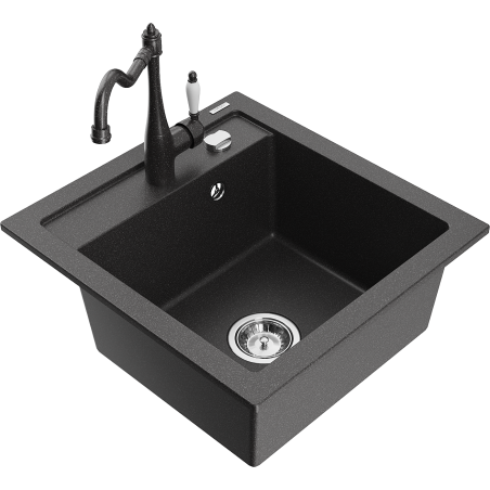 Mexen Vito 1-compartment granite sink with a kitchen mixer tap Carla, spotted black - 6503-76-670700-76