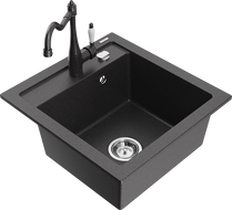Mexen Vito granite kitchen sink single-bowl with Carla kitchen faucet, black speckled - 6503-76-670700-76