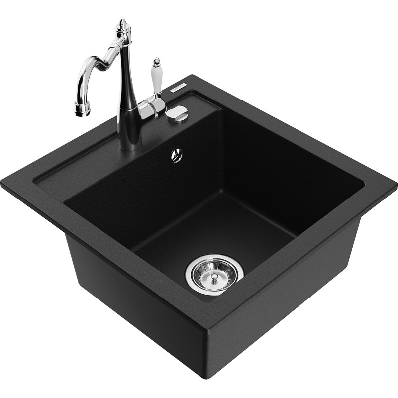 Mexen Vito 1-bowl granite sink with Carla kitchen faucet, black - 6503-77-670700-00