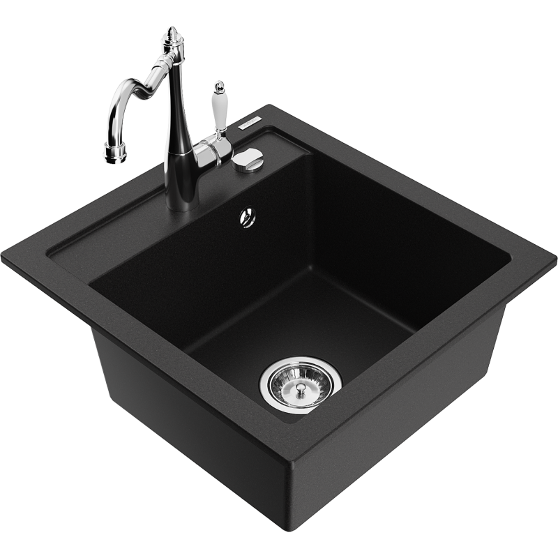 Mexen Vito granite kitchen sink 1-bowl with Carla kitchen faucet, black - 6503-77-670700-00