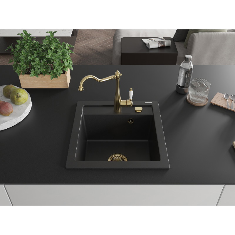 Mexen Vito granite kitchen sink with one compartment and Carla faucet, black - 6503-77-670700-50
