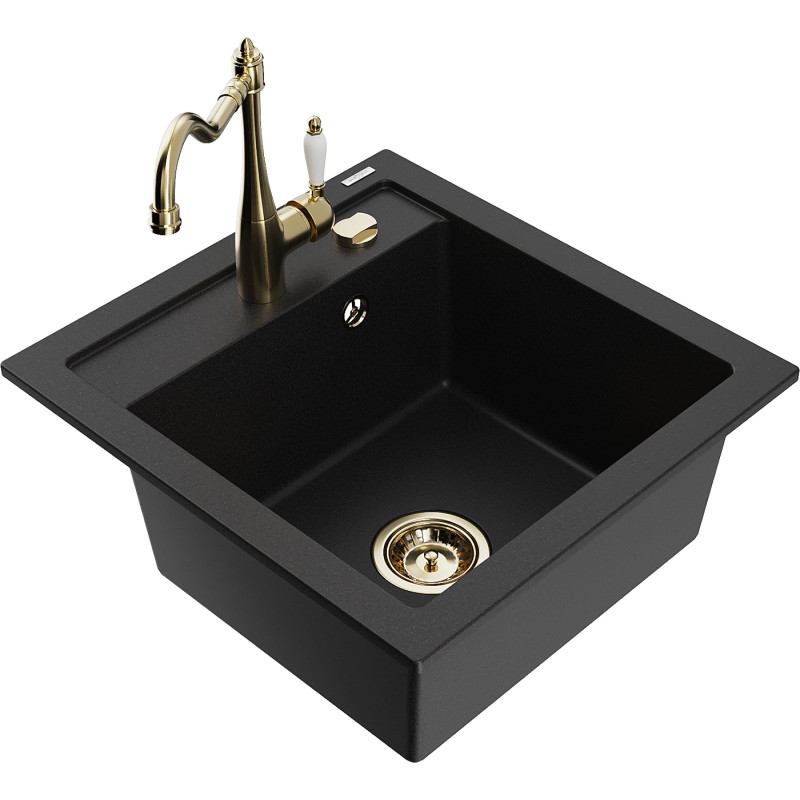 Mexen Vito 1-bowl granite kitchen sink with Carla kitchen faucet, black - 6503-77-670700-50