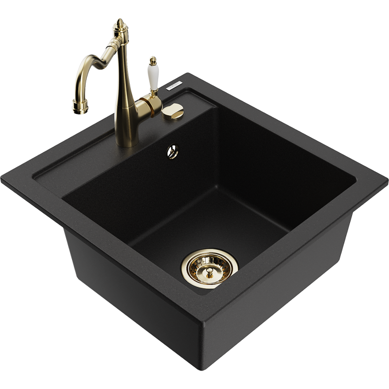 Mexen Vito granite kitchen sink with one compartment and Carla faucet, black - 6503-77-670700-50