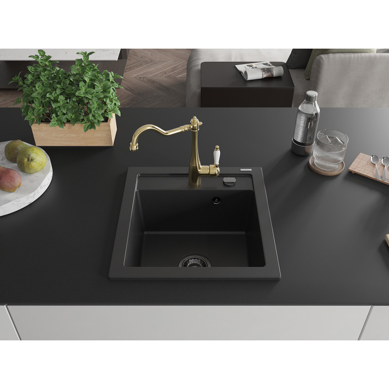 Mexen Vito 1-bowl granite sink with Carla kitchen faucet, black - 6503-77-670700-50-B