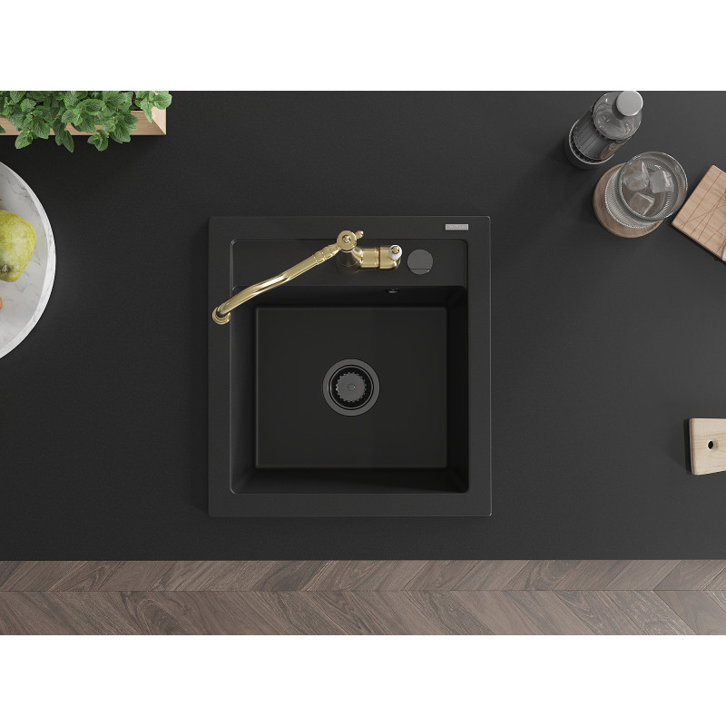 Mexen Vito 1-bowl granite sink with Carla kitchen faucet, black - 6503-77-670700-50-B