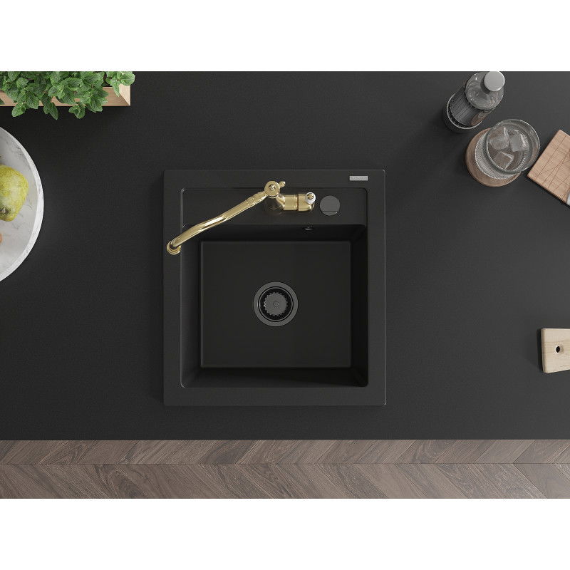 Mexen Vito granite sink 1-compartment with Carla kitchen tap, black - 6503-77-670700-50-B