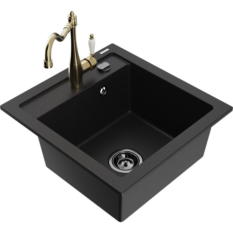 Mexen Vito granite kitchen sink 1-bowl with Carla faucet, black - 6503-77-670700-50-B