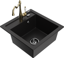 Mexen Vito granite kitchen sink 1-bowl with Carla faucet, black - 6503-77-670700-50-B