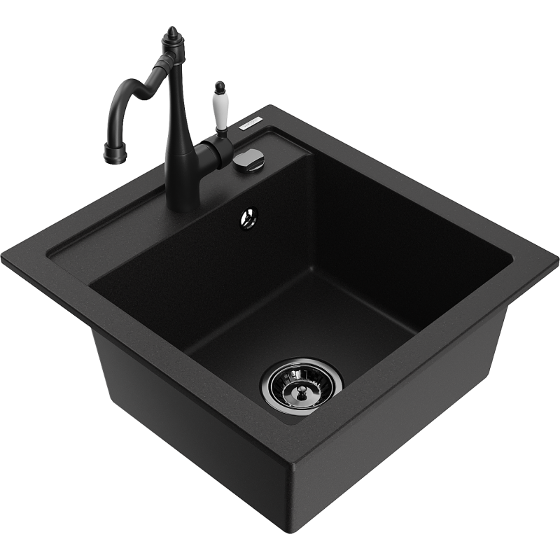 Mexen Vito 1-compartment granite sink with a kitchen mixer tap Carla, Black - 6503-77-670700-70-B