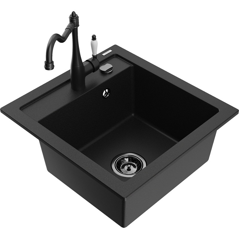 Mexen Vito granite kitchen sink 1-bowl with kitchen faucet Carla, black - 6503-77-670700-70-B