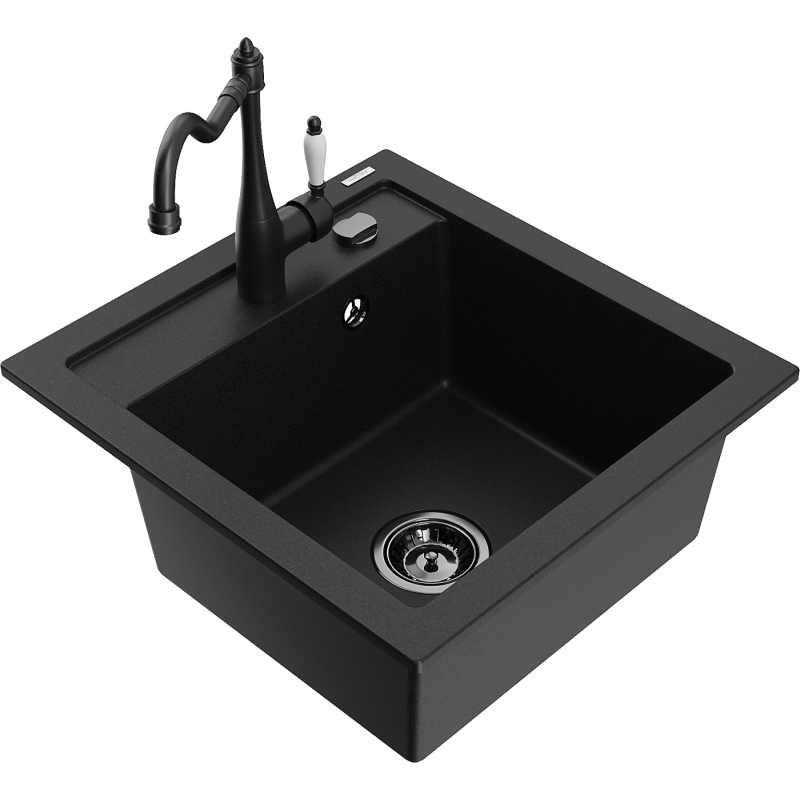 Mexen Vito granite sink 1-bowl with Carla kitchen faucet, black - 6503-77-670700-70-B