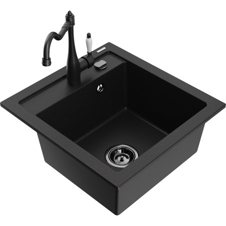 Mexen Vito granite sink 1-bowl with Carla kitchen tap, black - 6503-77-670700-70-B