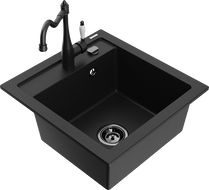 Mexen Vito granite sink 1-bowl with Carla kitchen tap, black - 6503-77-670700-70-B