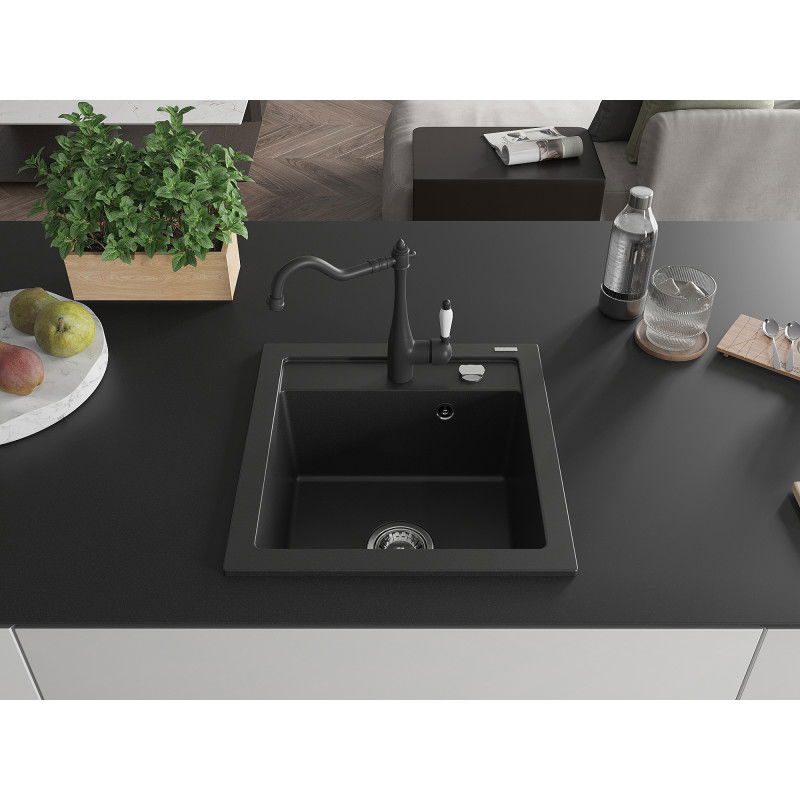 Mexen Vito granite kitchen sink 1-bowl with Carla kitchen tap, black - 6503-77-670700-70