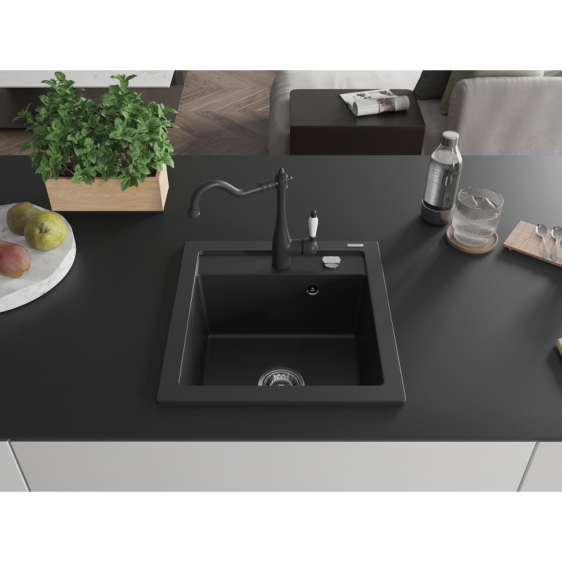 Mexen Vito granite kitchen sink single bowl with Carla faucet, black - 6503-77-670700-70
