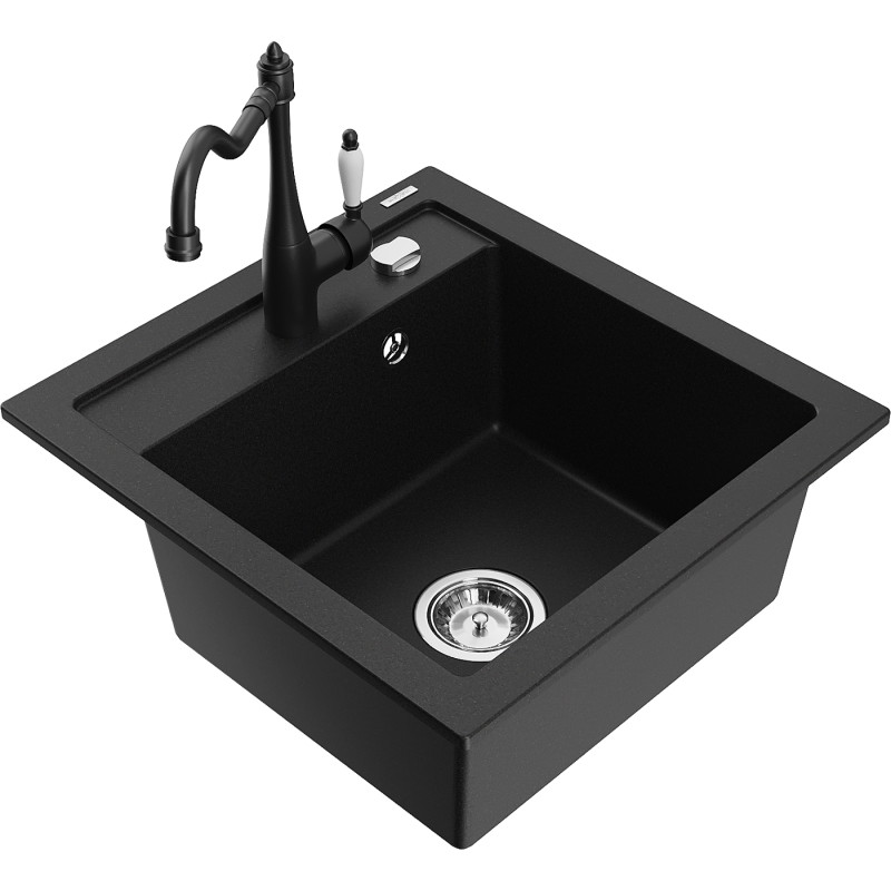 Mexen Vito granite sink 1-bowl with kitchen faucet Carla, black - 6503-77-670700-70