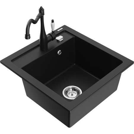 Mexen Vito granite kitchen sink single bowl with Carla faucet, black - 6503-77-670700-70