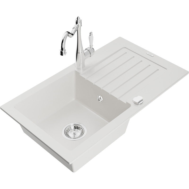 Mexen Pablo 1-bowl granite sink with drainer and kitchen faucet Carla, white - 6510-20-670700-00