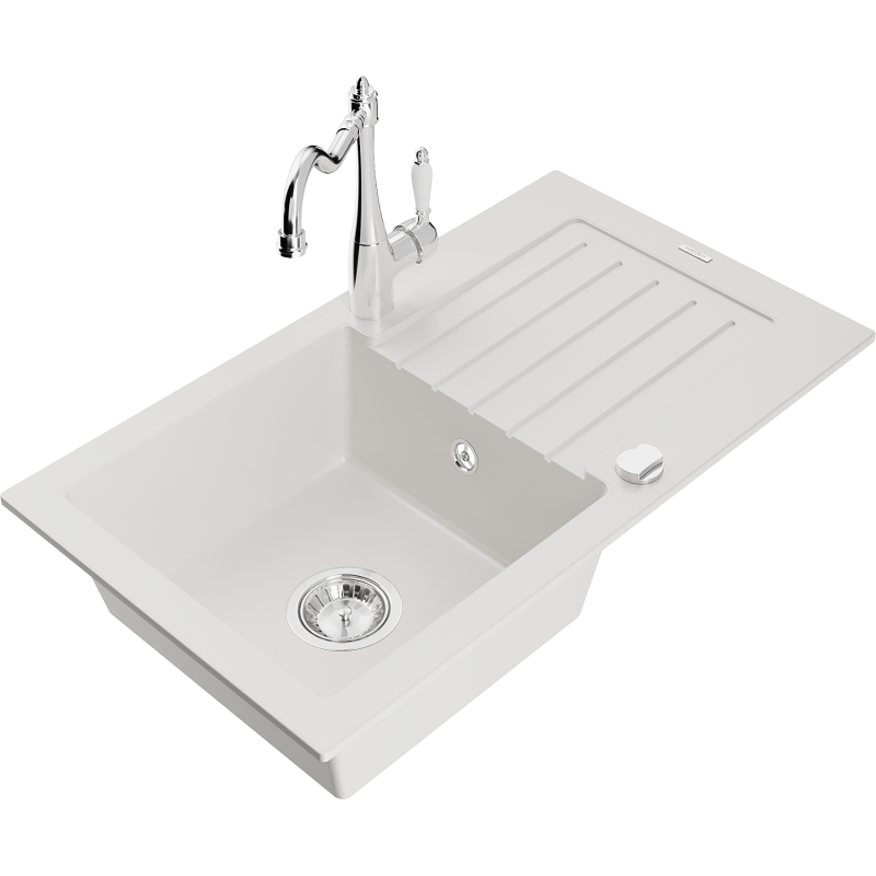 Mexen Pablo 1-compartment granite sink with a drip tray and kitchen mixer tap Carla, White - 6510-20-670700-00