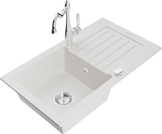 Mexen Pablo granite kitchen sink 1-bowl with drainer and kitchen mixer tap Carla, white - 6510-20-670700-00
