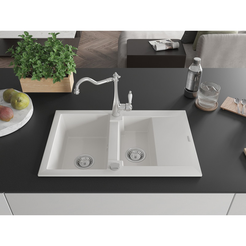 Mexen Pablo granite kitchen sink 1-bowl with drainer and Carla kitchen faucet, white - 6510-20-670700-00