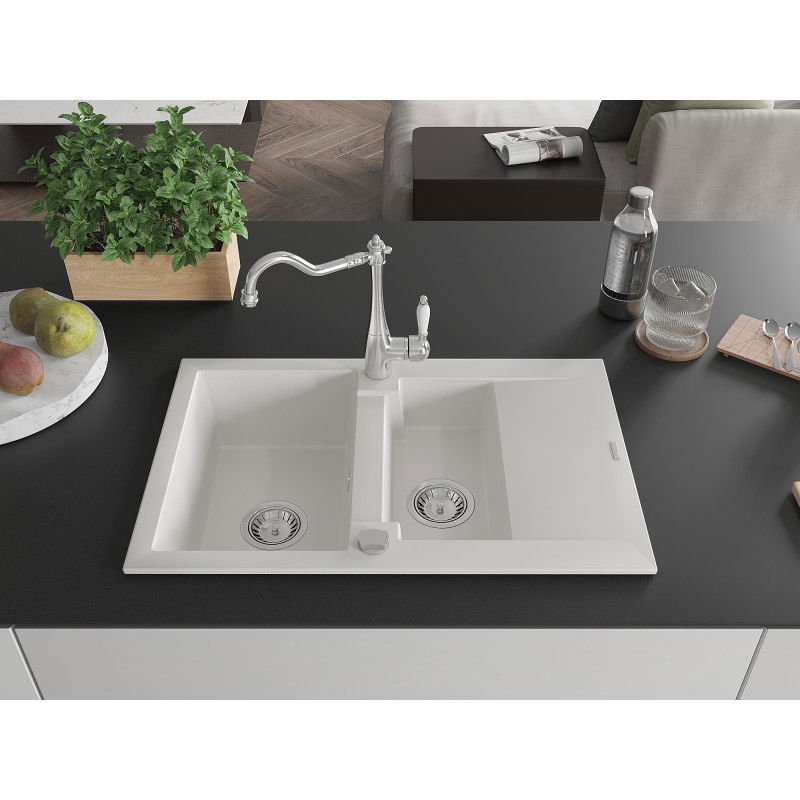 Mexen Pablo granite kitchen sink 1-bowl with drainer and kitchen mixer tap Carla, white - 6510-20-670700-00