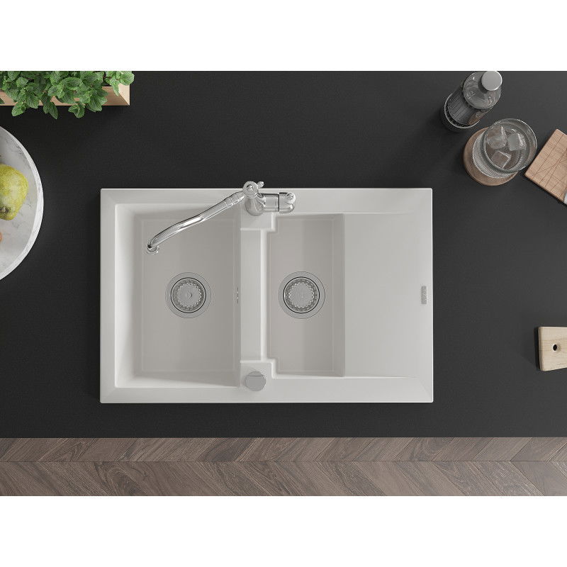 Mexen Pablo granite kitchen sink 1-bowl with drainer and kitchen mixer tap Carla, white - 6510-20-670700-00
