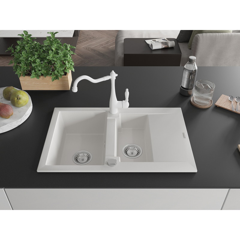 Mexen Pablo granite kitchen sink 1-bowl with drainer and Carla kitchen faucet, white - 6510-20-670700-20