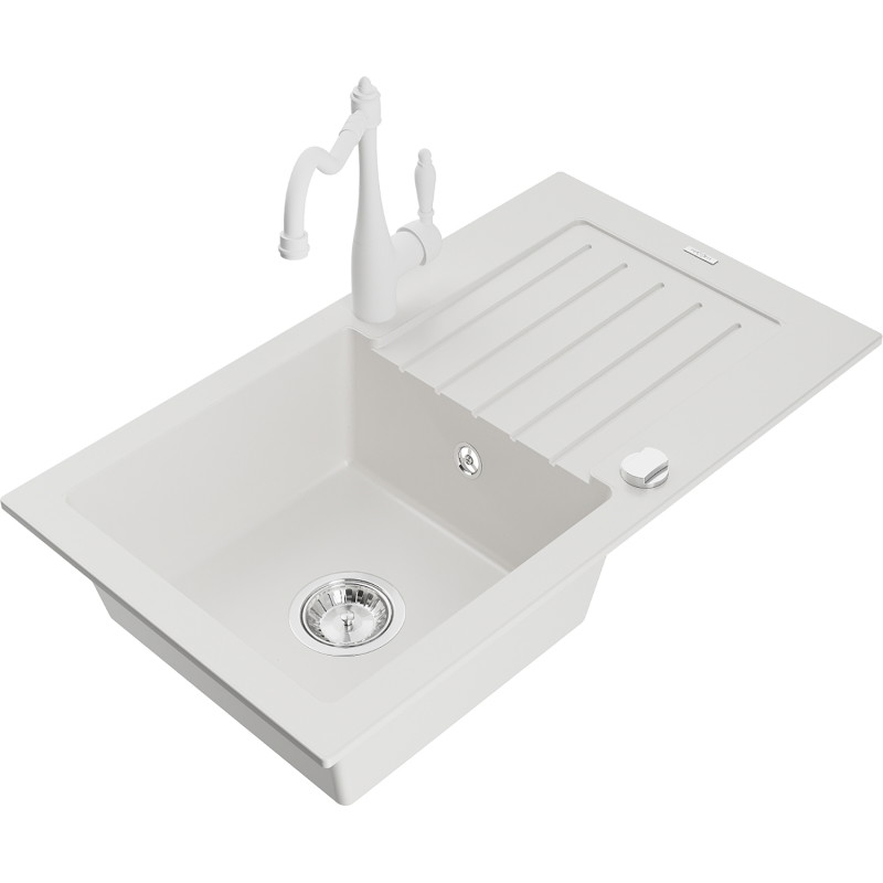 Mexen Pablo granite kitchen sink 1-bowl with drainer and Carla kitchen faucet, white - 6510-20-670700-20