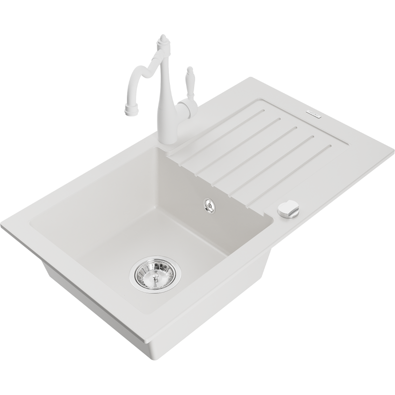 Mexen Pablo granite sink 1-bowl with drainer and Carla kitchen tap, white - 6510-20-670700-20