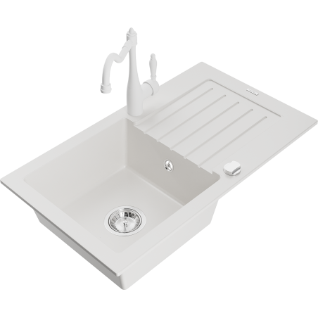 Mexen Pablo granite kitchen sink 1-bowl with drainer and Carla kitchen faucet, white - 6510-20-670700-20