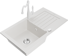 Mexen Pablo granite sink 1-bowl with drainer and Carla kitchen tap, white - 6510-20-670700-20
