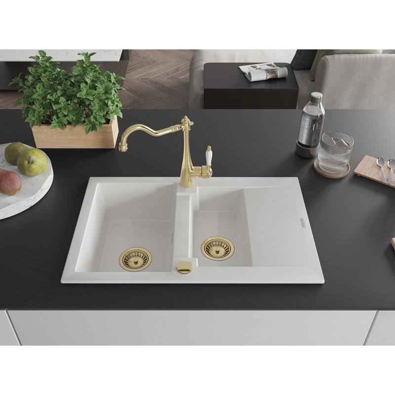 Mexen Pablo granite kitchen sink 1-bowl with drainer and kitchen faucet Carla, white - 6510-20-670700-50