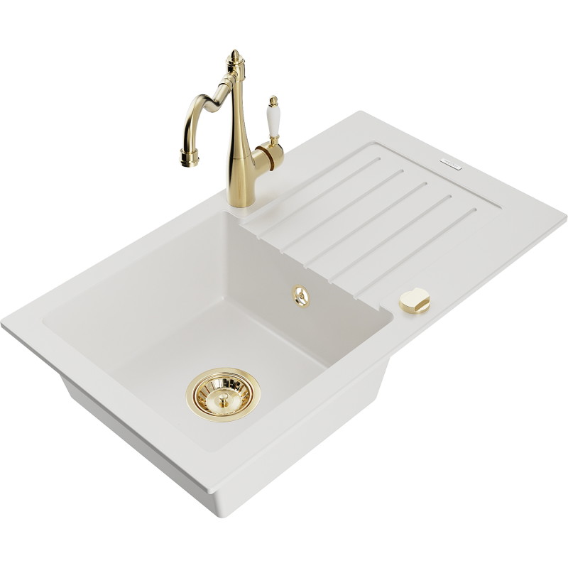 Mexen Pablo 1-bowl granite sink with drainer and Carla kitchen faucet, white - 6510-20-670700-50